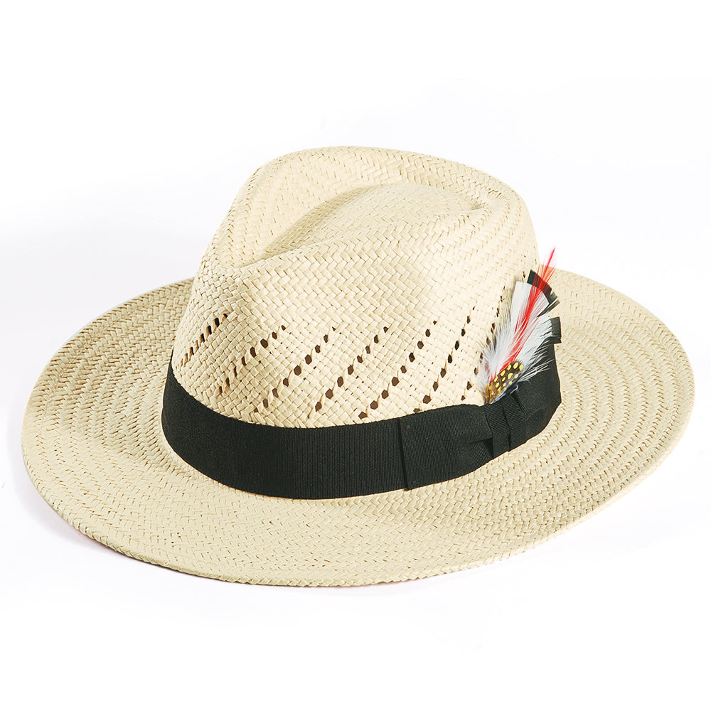 Handcrafted Feather Straw Hat-Beige