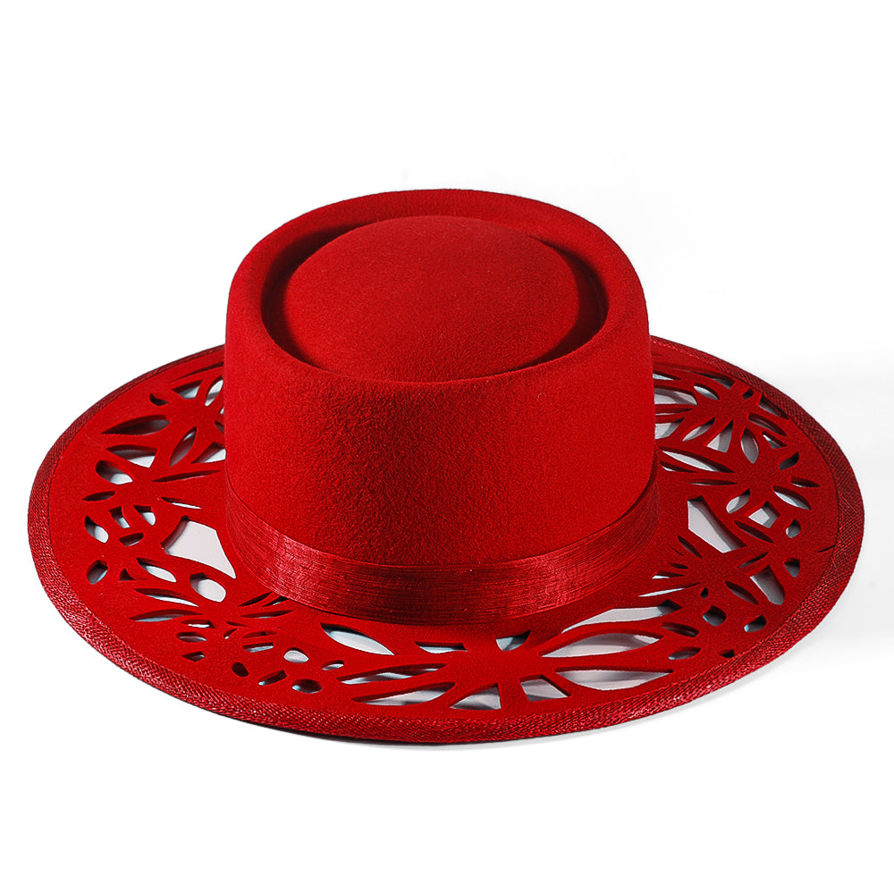 Western Openwork Felt Hat-Red