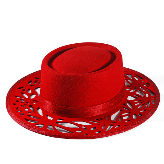 Western Openwork Felt Hat-Red