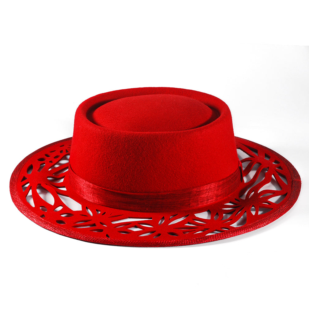 Western Openwork Felt Hat-Red