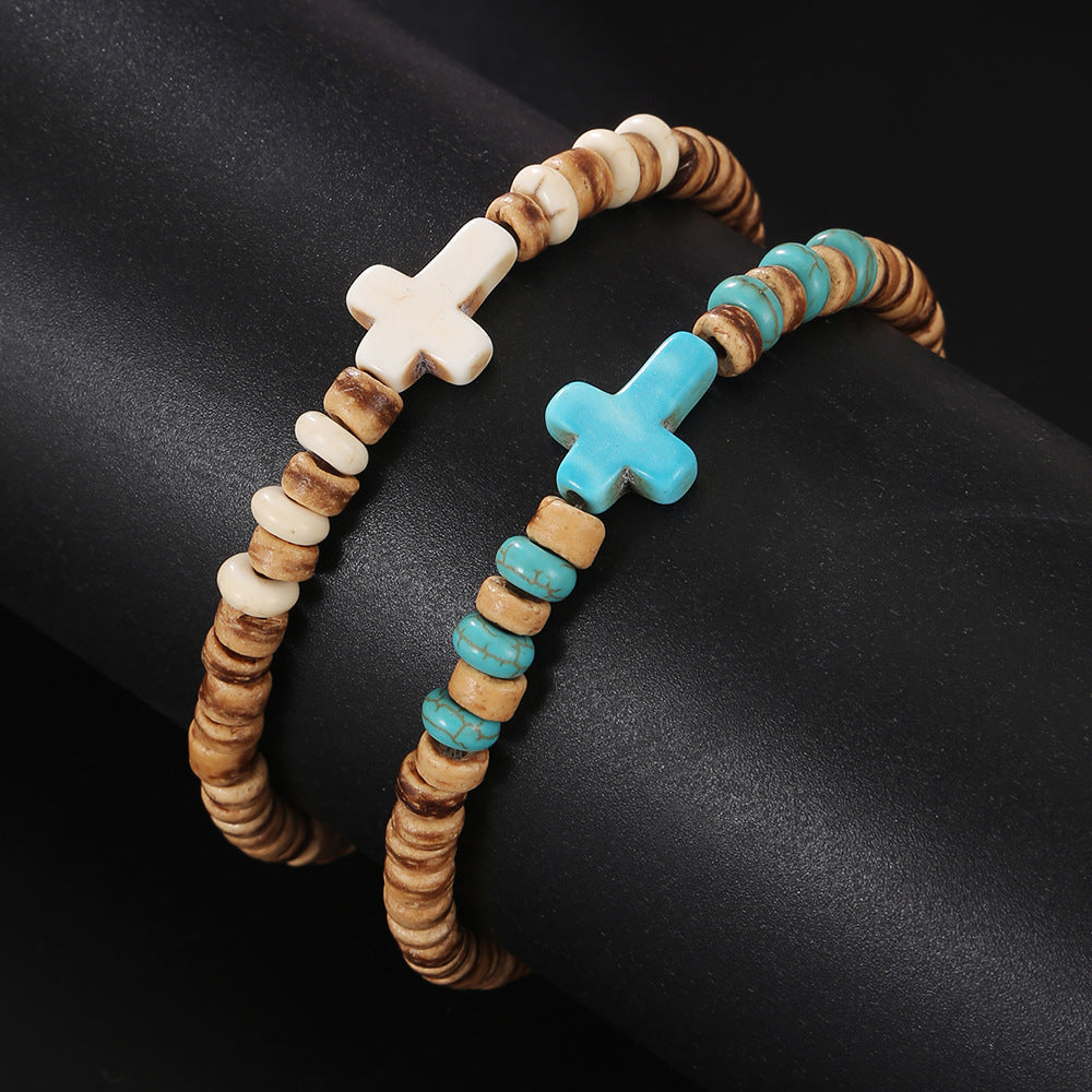 Coconut Shell Wood Chip Turquoise Cross Bracelet