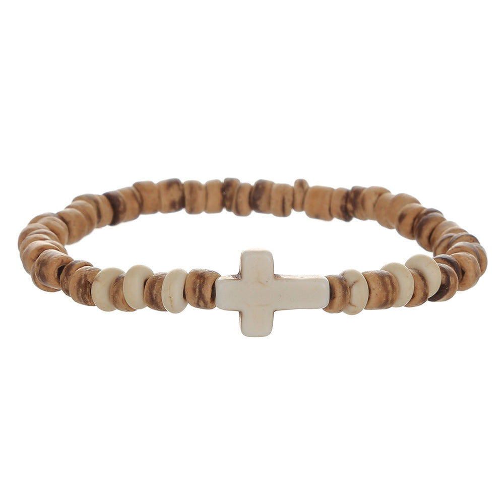 Coconut Shell Wood Chip Turquoise Cross Bracelet