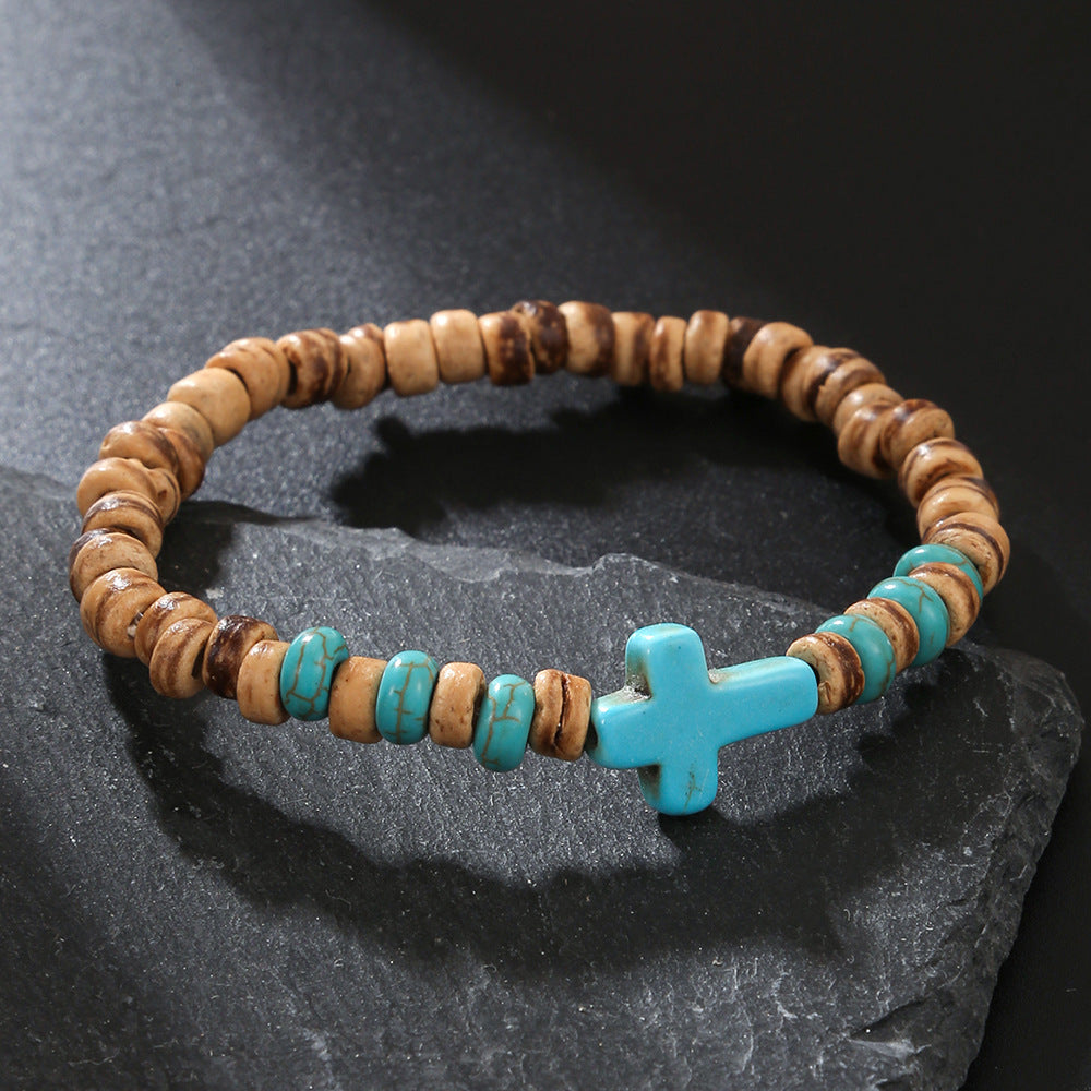 Coconut Shell Wood Chip Turquoise Cross Bracelet